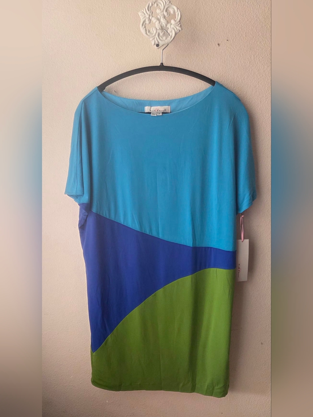 Colorblock Boatneck Tunic Dress in Teal, Blue & Green